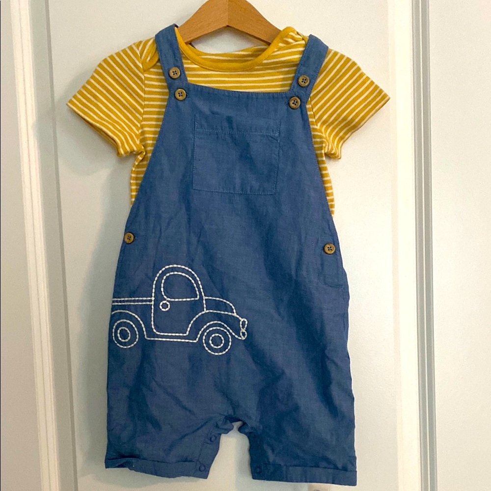 Blue Denim Kids Overalls with Car Design and stripe mustard under shirt